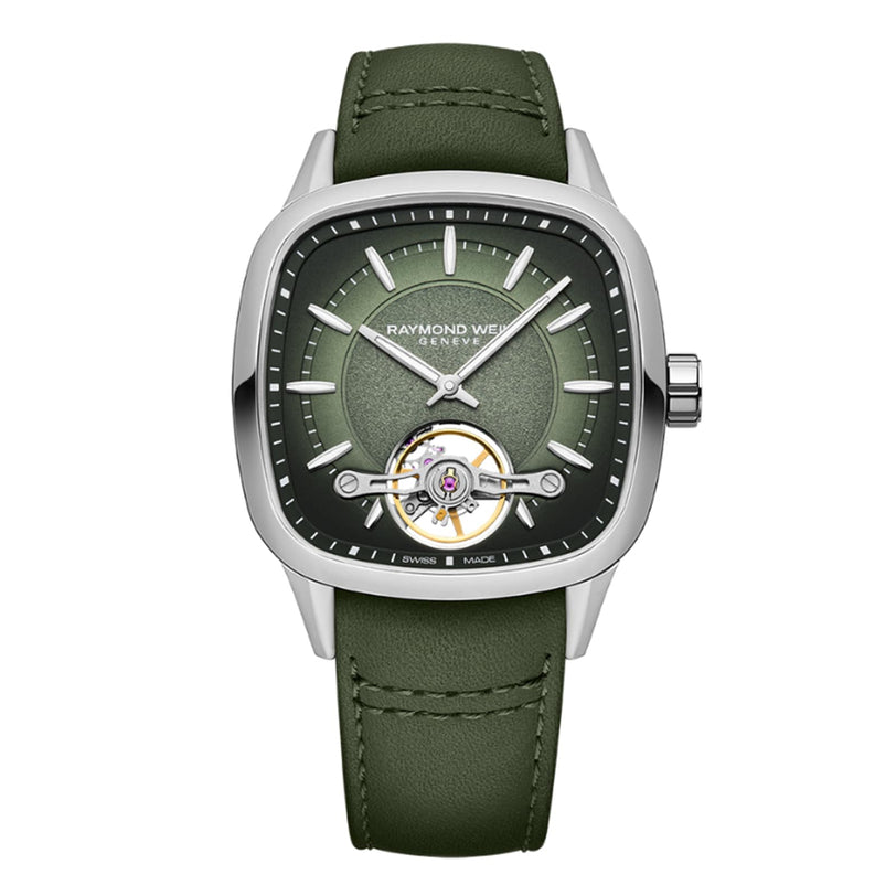The Raymond Weil Freelancer Calibre RW1212 Automatic features a green dial and leather strap, a silver case, visible tourbillon at 6 o’clock, and a precision Swiss-made automatic movement.