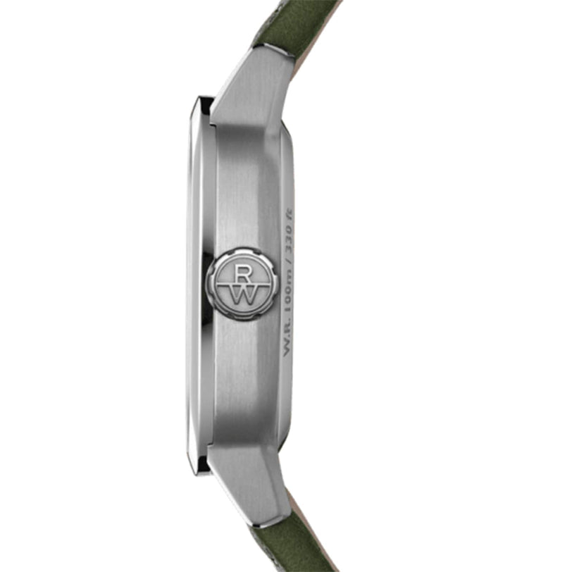 Side view of the Raymond Weil Freelancer Calibre RW1212 Automatic with a silver case, RW logo crown, olive green strap, and green dial—part of the Swiss-made automatic collection.