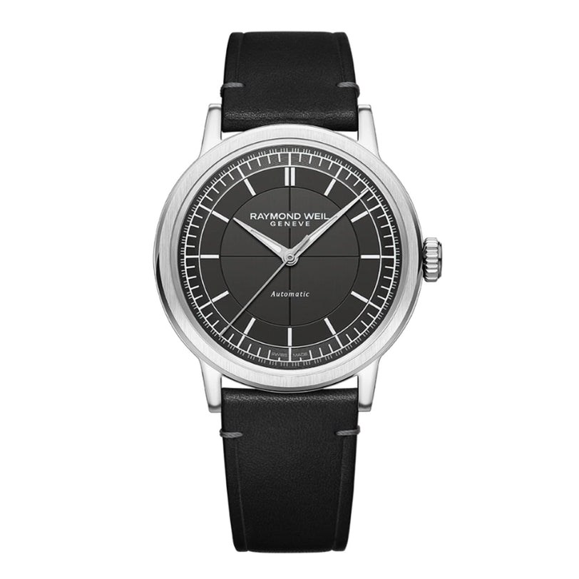 The Raymond Weil Millesime Automatic Grey Sector Dial features a black leather strap, stainless steel case, grey sector dial with silver markers, sapphire crystal, and displays the time 10:10.