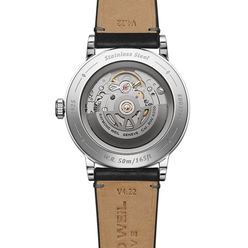 The back of the Raymond Weil Millesime Automatic Grey Sector Dial displays its self-winding movement, marked Stainless Steel and W.R. 50m/165ft, with a leather strap, sapphire crystal, and engraved text around the case.