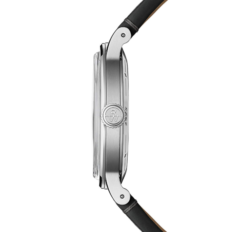 Side view of the Raymond Weil Millesime Automatic Grey Sector Dial watch, showcasing a silver round case, sapphire crystal, RW-engraved crown, and black leather strap on a white background.