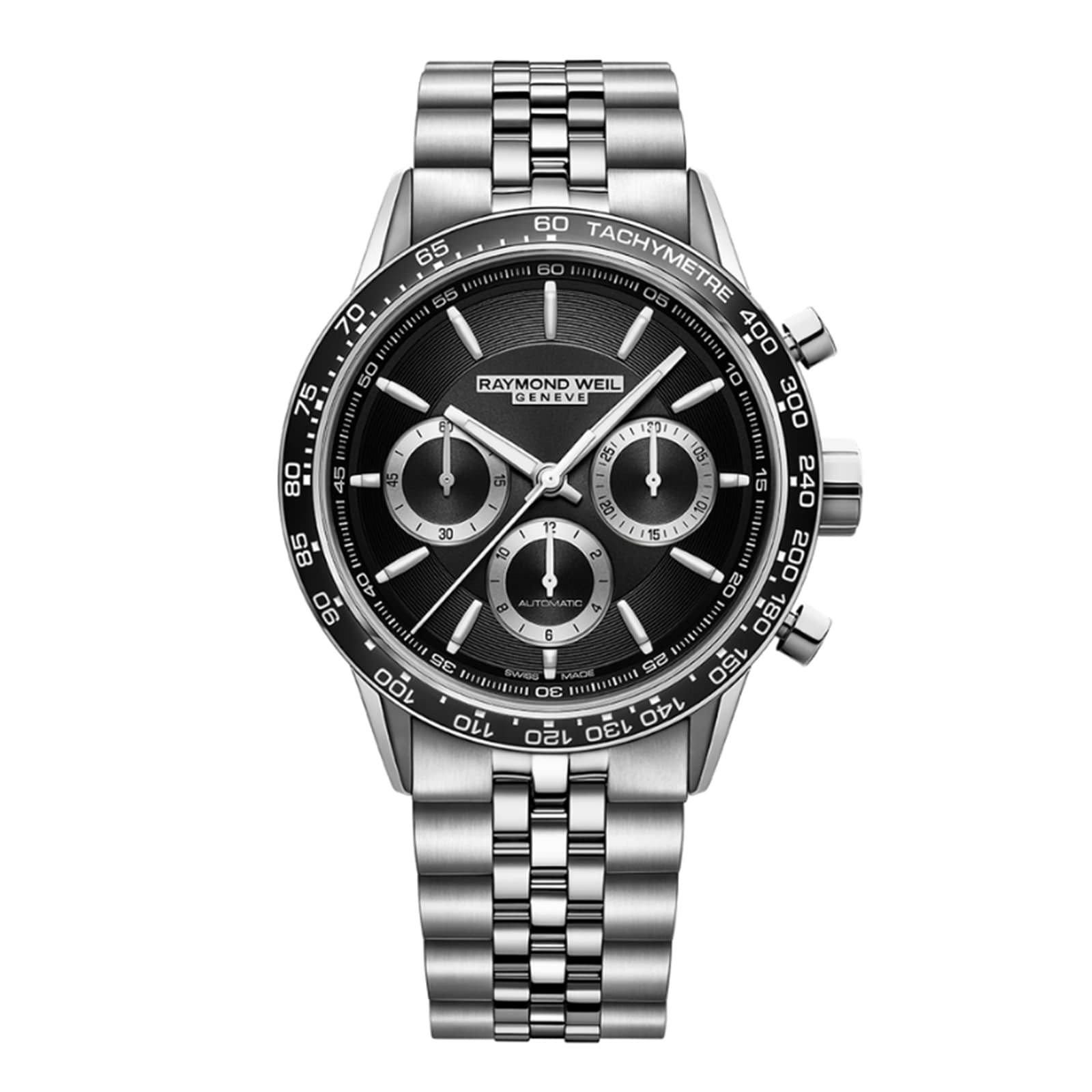 The Raymond Weil Freelancer Automatic Chronograph features a black dial, three subdials, a tachymeter bezel, and an automatic movement, all in stainless steel and displayed facing forward.