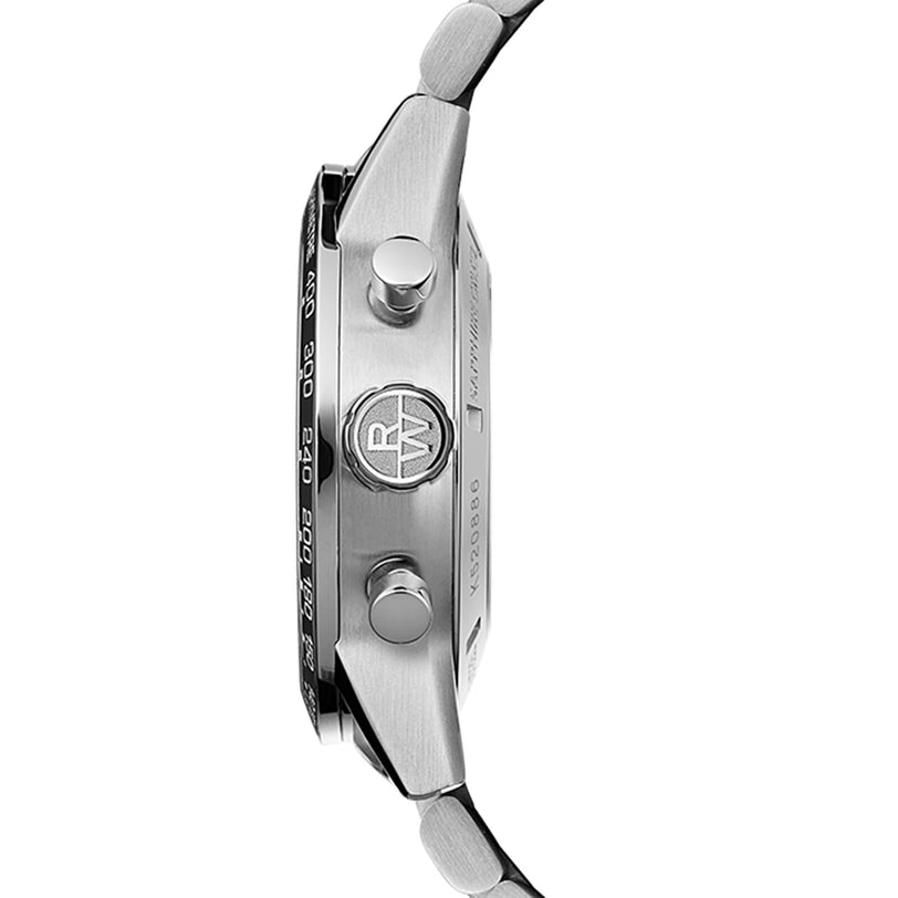 Side view of the Raymond Weil Freelancer Automatic Chronograph Black Dial, featuring a stainless steel case with two push buttons, an engraved logo crown, tachymeter bezel, and a black strap attached at both ends.