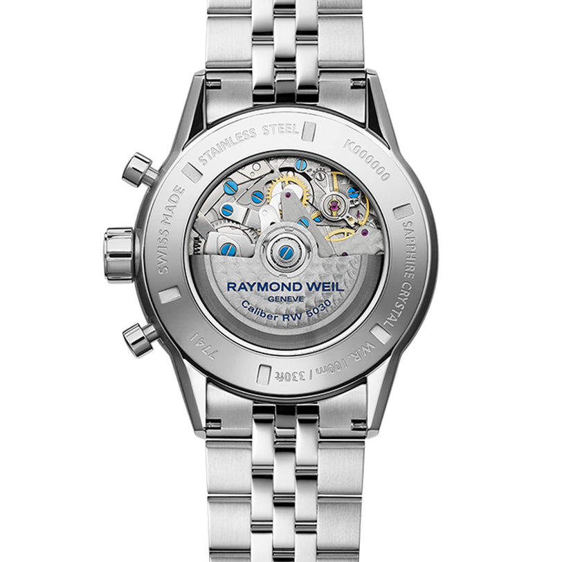 Close-up of the back of the Raymond Weil Freelancer Automatic Chronograph Black Dial, highlighting its stainless steel case, exposed automatic movement, and engraved details.