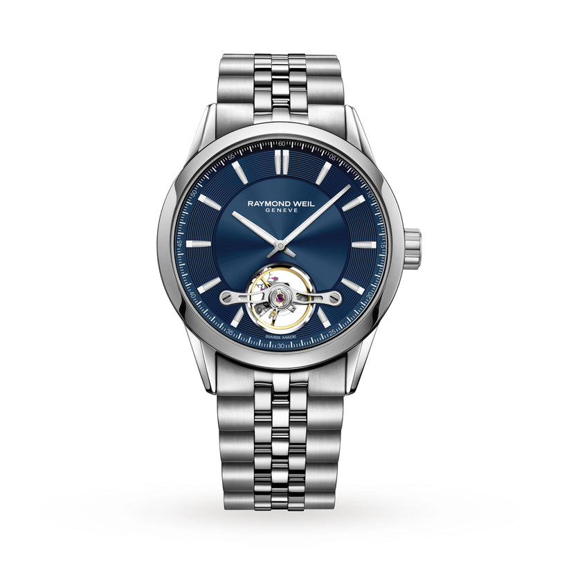 The Raymond Weil Freelancer Automatic Blue Dial Bracelet Watch features a blue dial, silver hour markers, and an exposed tourbillon above 6 o’clock, embodying urban style and the sophistication of fine mechanical watches.