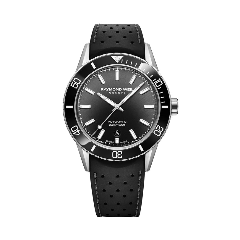 The Raymond Weil Freelancer Diver Black Dial features a minimalistic black round face, silver hour markers, date at 6 o’clock, black bezel, and a perforated leather strap—an icon of affordable luxury.