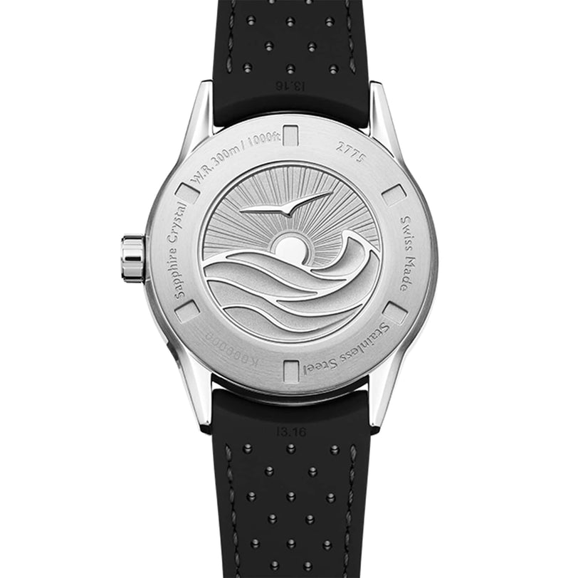 The Raymond Weil Freelancer Diver Black Dial wristwatch features an engraved wave and sun design on the back, a black perforated strap, engraved water resistance and material details, and showcases affordable luxury with its minimalistic dial.