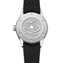 The Raymond Weil Freelancer Diver Black Dial wristwatch features an engraved wave and sun design on the back, a black perforated strap, engraved water resistance and material details, and showcases affordable luxury with its minimalistic dial.