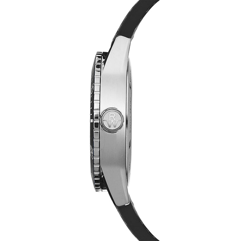 A side view of the Raymond Weil Freelancer Diver Black Dial wristwatch features a metal case, black bezel, black strap, and an RW-engraved crown, highlighting its minimalistic dial that defines affordable luxury.