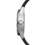 A side view of the Raymond Weil Freelancer Diver Black Dial wristwatch features a metal case, black bezel, black strap, and an RW-engraved crown, highlighting its minimalistic dial that defines affordable luxury.