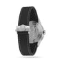 The Raymond Weil Freelancer Diver Black Dial features a black leather strap with white stitching and an engraved stainless steel caseback—an affordable luxury wristwatch with a minimalistic dial for precise time-telling.