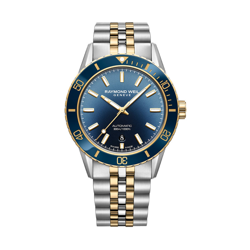 The Raymond Weil Freelancer Diver Gradient Blue Dial watch features a blue face, gold and silver bracelet, gold bezel and crown accents, automatic Calibre RW4200 movement, and 300m water resistance.