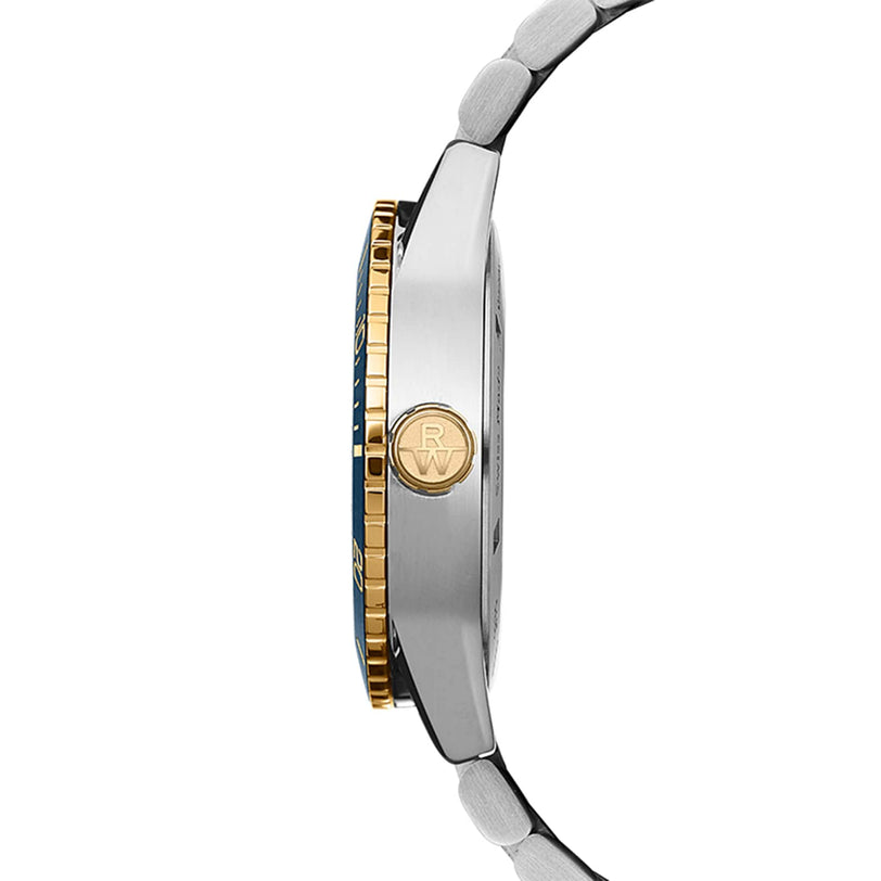 Side view of the Raymond Weil Freelancer Diver Gradient Blue Dial featuring a two-tone metal case, RW4200 movement, gold crown with engraved initials, and a sleek silver metal strap.