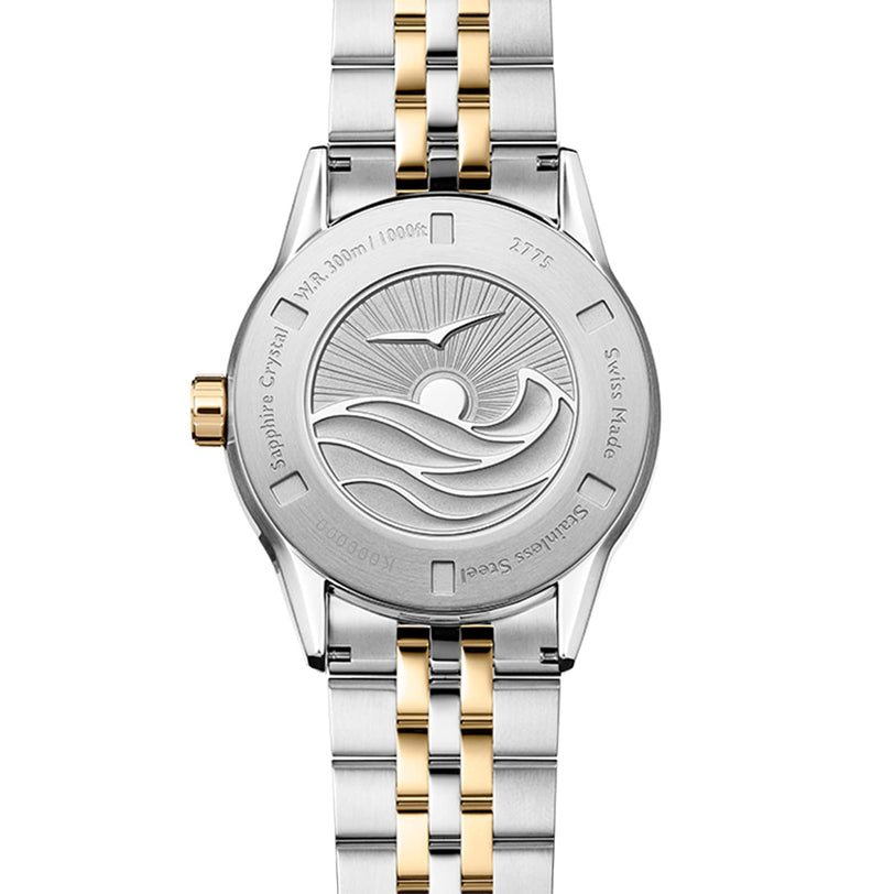 The back of the Raymond Weil Freelancer Diver Gradient Blue Dial watch features an engraved wave and sun design, along with text highlighting its Calibre RW4200 specifications.