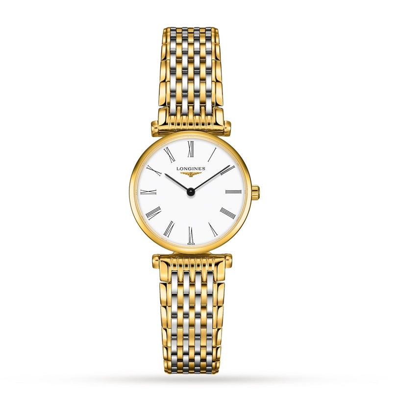 The La Grande Classique de LONGINES by Longines features a white face with Roman numerals and a linked gold bracelet, shown on a white background.
