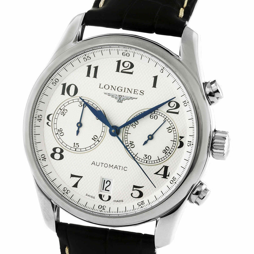 Longines Master Collection Chronograph: silver case, black leather strap, white dial with blue hands and two subdials.