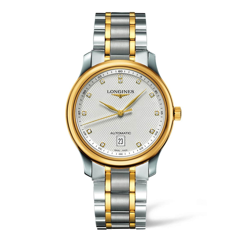 The Longines Master Collection features an automatic movement, silver and gold metal band, white textured dial with gold bezel, diamond hour markers, a calendar window, and an automatic movement indicator.