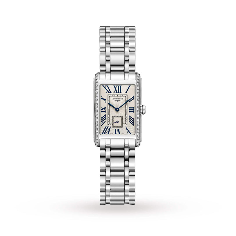 The Longines DolceVita is a rectangular silver women’s watch with a metal link band, Roman numeral markers, blue hands, diamond-accented sides, and a small seconds subdial—embodying Italian-inspired elegance.
