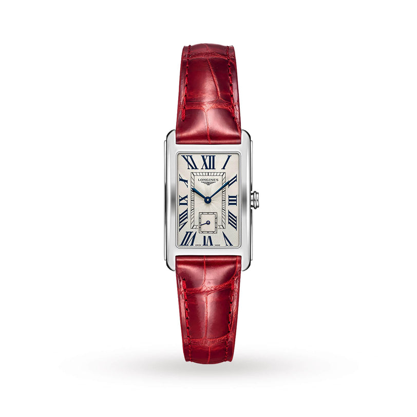 The Longines DolceVita is a rectangular silver ladies’ watch with a white dial, blue Roman numerals, and a red leather strap, displayed against a plain white background.