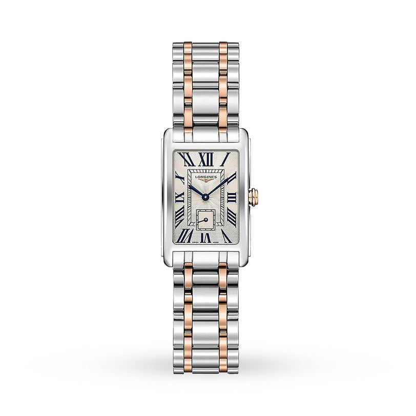 The Longines DolceVita features a rectangular case, metal link bracelet, Roman numeral markers, blue hands, small seconds subdial on a light face, and a precise quartz movement—blending classic elegance and modern grace.