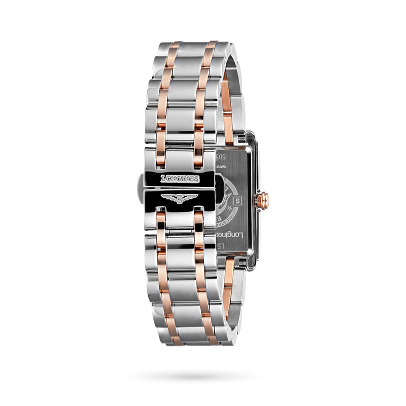 A close-up of the back of a Longines DolceVita wristwatch in silver and rose gold metal shows refined details, engraved markings, and a clasp, capturing the brands signature elegance and grace.