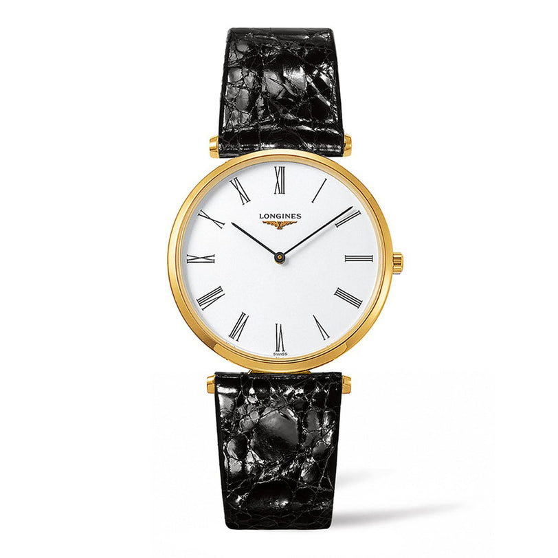 The Longines La Grande Classique de LONGINES features a gold-plated 36mm case, white dial with black Roman numerals, and a black textured leather strap.