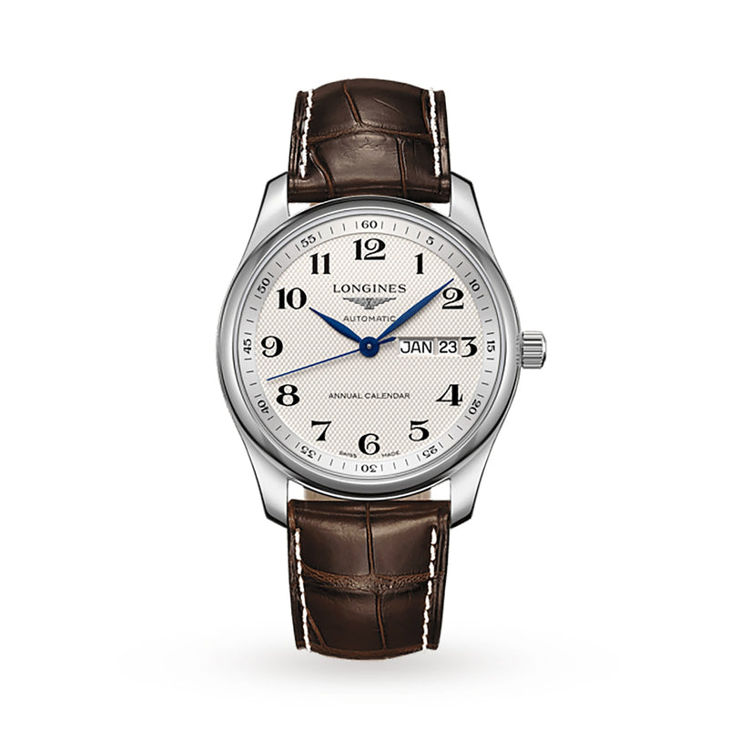 The Longines Master Collection wristwatch has a silver ‘barleycorn’ dial, blue hands, Arabic numerals, day and date displays, and a brown leather strap.