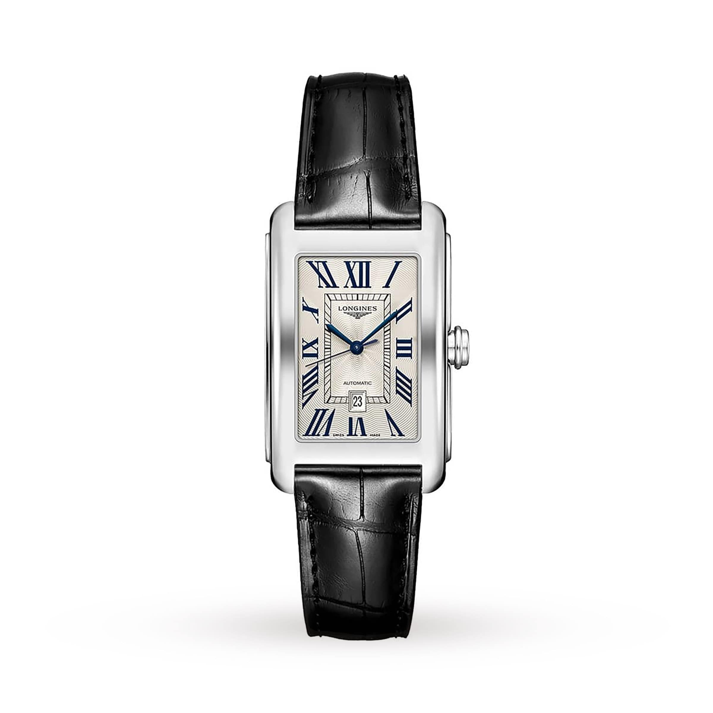 The Longines DolceVita wristwatch features a rectangular stainless steel case, white dial with blue hands, black Roman numerals, and a black leather strap, displayed on a white background.