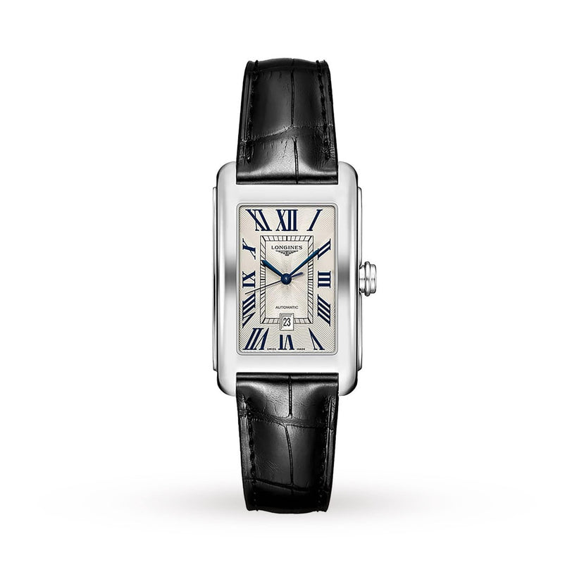 The Longines DolceVita wristwatch features a rectangular stainless steel case, white dial with blue hands, black Roman numerals, and a black leather strap, displayed on a white background.