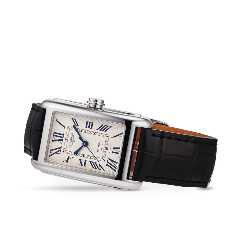 The Longines DolceVita features a rectangular stainless steel case, silver-white dial with blue Roman numerals and hands, date window, black leather strap, and an L592 automatic calibre movement.