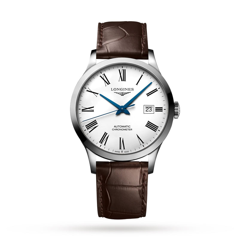 The Longines Record features a silver case, white dial, blue hands, Roman numerals, date display, and brown leather strap. This chronometer-certified automatic wristwatch boasts a silicon balance spring and is shown on a white background.