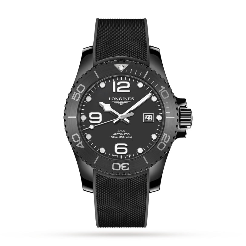 The Longines HydroConquest is a black automatic dive watch with black bezel, rubber strap, luminous hands and markers, and a date display at 3 o’clock—ideal for water sports. Shown on a white background.