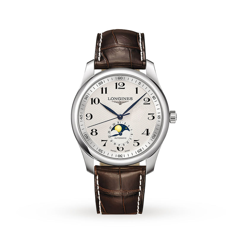 The Longines Master Collection Moonphase is a silver wristwatch with a white dial, black numerals, blue hands, moonphase chronograph display, and a brown leather strap—a timeless tribute to vintage style.