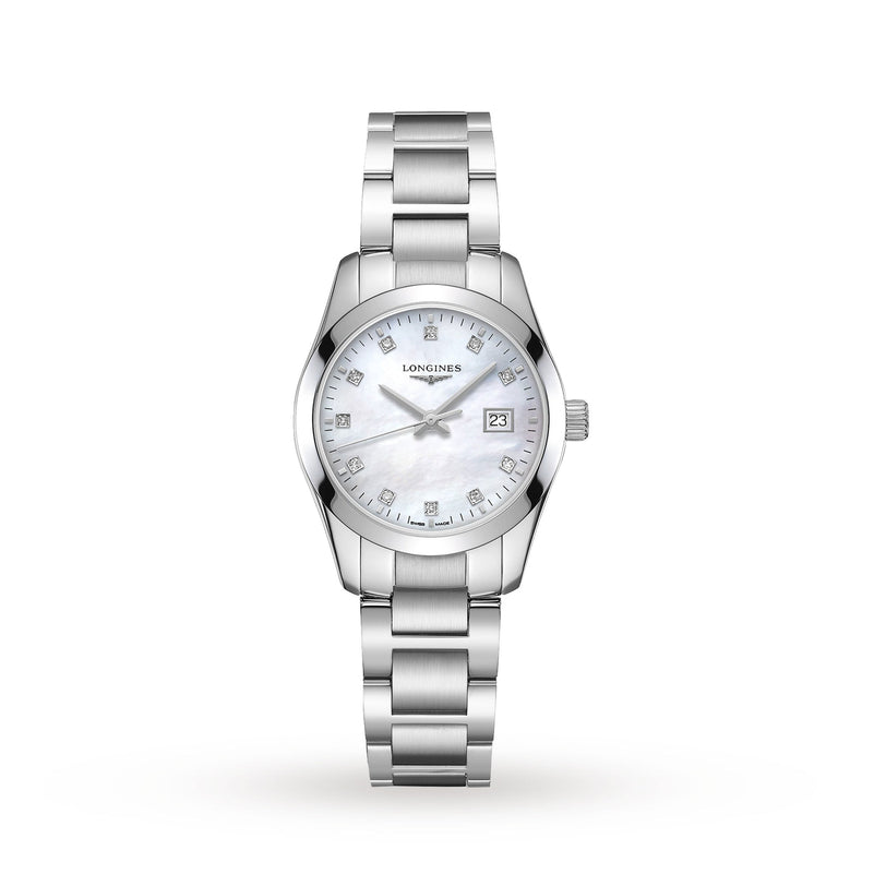 The Longines Conquest Classic wristwatch features a stainless steel case and band, white mother-of-pearl dial with silver hands, diamond hour markers, and a date display at 3 oclock, shown on a white background.