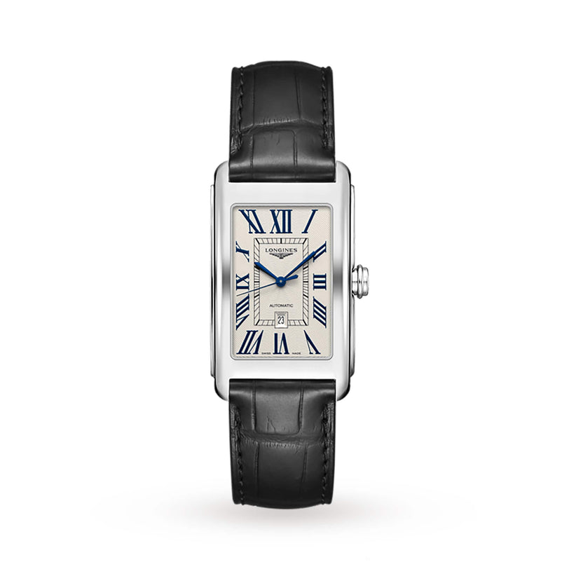 The Longines DolceVita features a stainless steel rectangular case, white dial with blue Roman numerals, black leather strap, and date window at 6 o’clock.