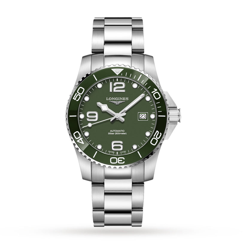 The Longines HydroConquest is a stainless steel diving watch featuring a green bezel and dial, silver hour markers, date at 3 oclock, L888 calibre movement, and a matching metal bracelet.