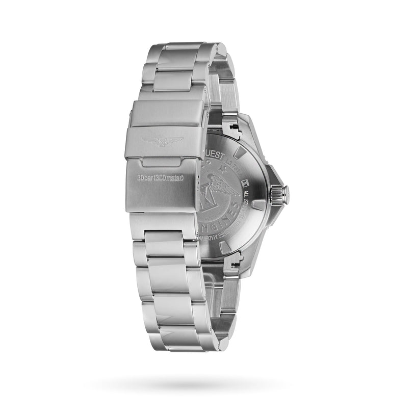A Longines HydroConquest stainless steel diving watch is displayed from the back, showcasing its metal bracelet, clasp, and engraved details on the case back.