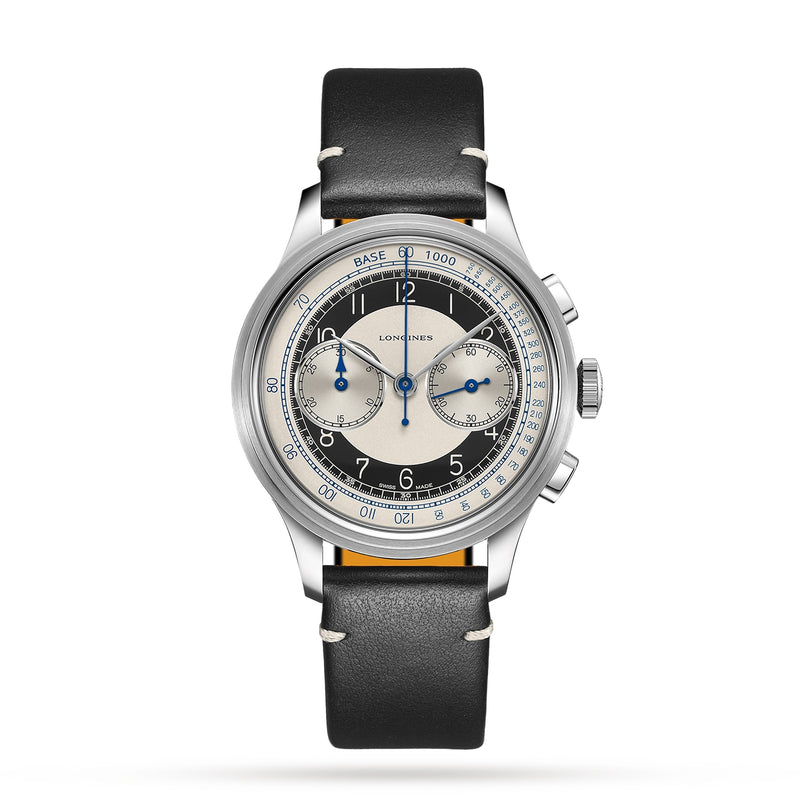 The Longines Tuxedo is a stainless steel chronograph from the Heritage Classic line, with a black and cream dial, two subdials, blue accents, calibre L895 automatic movement, and a black leather strap.