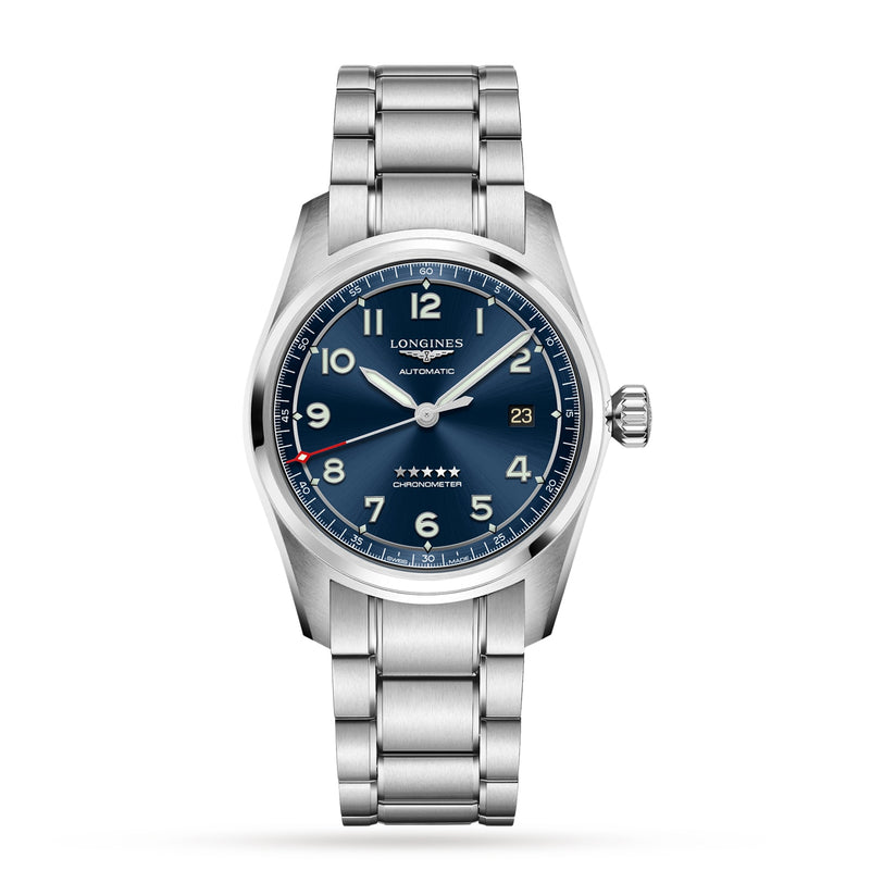 The Longines Spirit Prestige Edition is a stainless steel wristwatch featuring a blue dial, silver hour markers, date at 3 o’clock, and a five-star emblem above CHRONOMETER, celebrating the brands aviation heritage.
