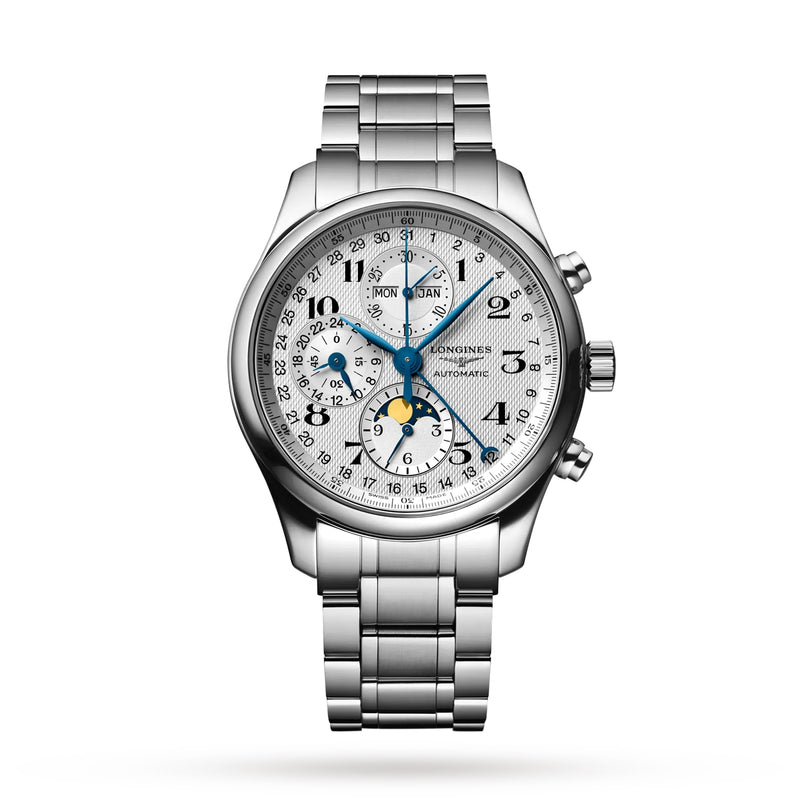 The Longines Master Collection Chrono Moonphase is a stainless steel wristwatch with a silver dial, blue hands, black numerals, moonphase and date displays, multiple subdials, automatic movement, and a metal link bracelet.