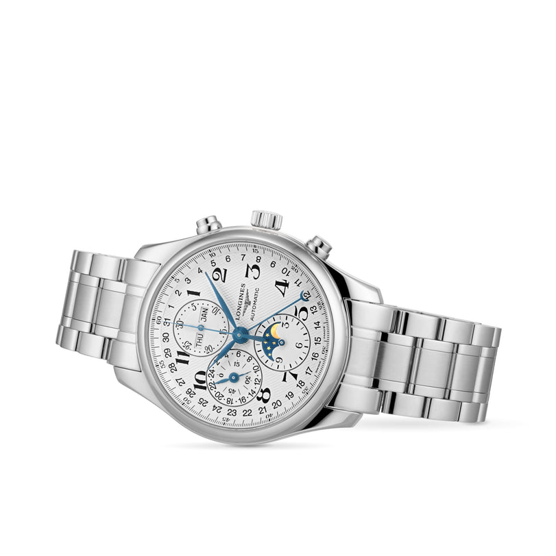 The Longines Master Collection Chrono Moonphase is a stainless steel automatic watch with a silver band, white dial, blue hands, black numerals, multiple subdials, and a moonphase display.