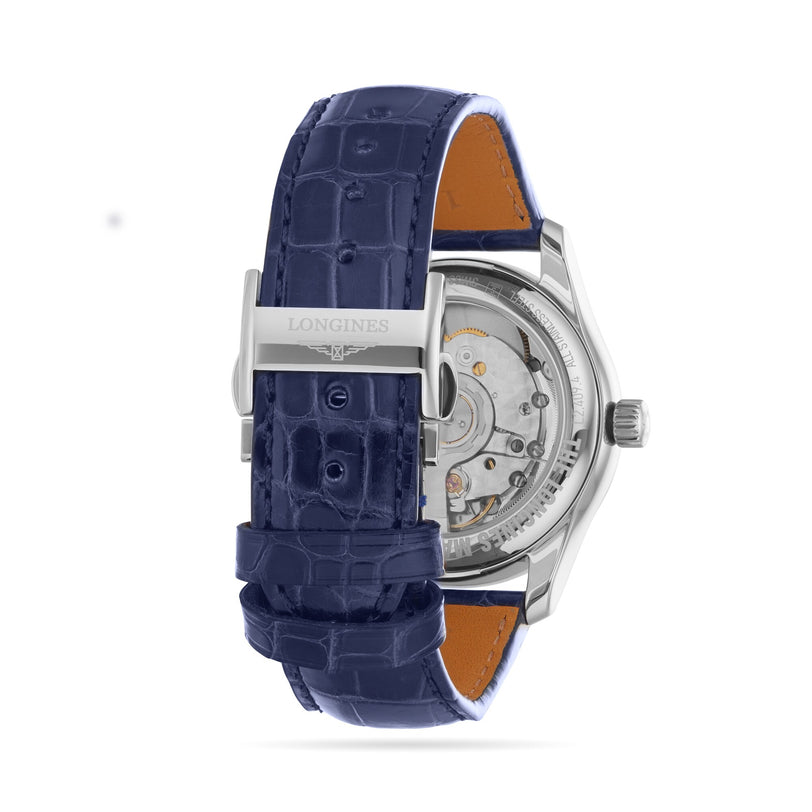 The Longines Master Collection Moonphase, shown from the back, features a silver case, visible mechanical movement, blue leather strap with Longines-engraved clasp, and sparkling diamond indexes for added elegance.