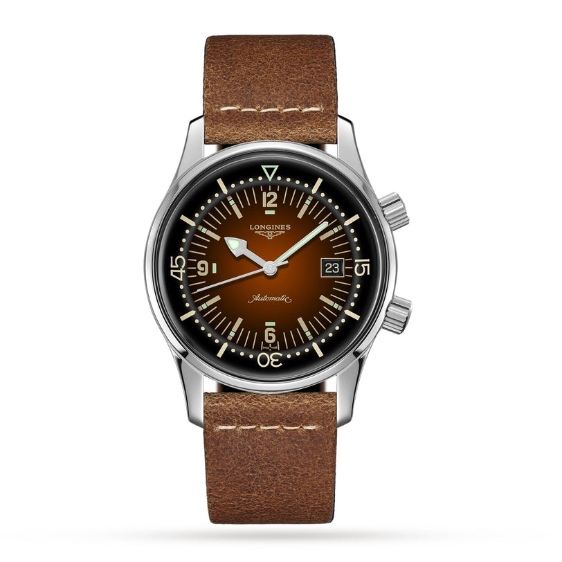 The Longines Legend Diver is a stainless steel automatic watch with the L888 calibre, gradient brown dial with white markers, date display, and a brown leather strap.