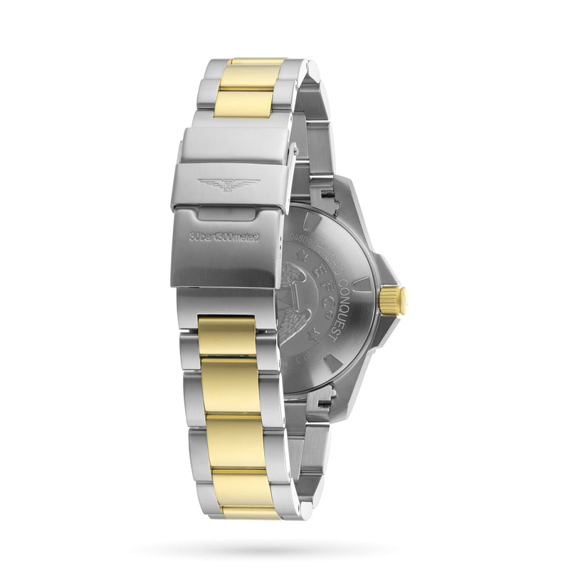 Back view of the Longines HydroConquest, featuring a stainless steel and gold two-tone bracelet, engraved case back, and secure clasp.