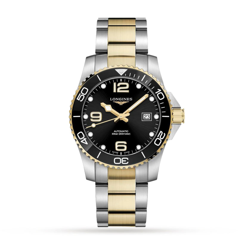 The Longines HydroConquest is a two-tone diving watch with a black dial, gold and silver bracelet, rotating bezel, date at 3 oclock, and excellent water resistance.