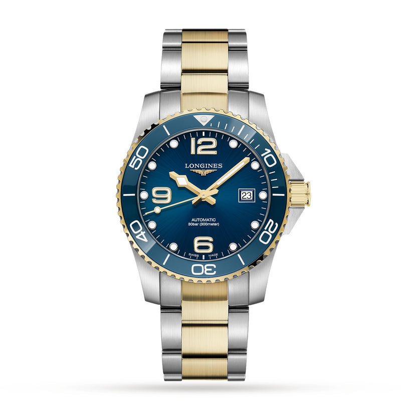 The Longines HydroConquest is a two-tone stainless steel and gold diving watch featuring a blue dial, gold hands, date window, rotating bezel, and displaying the Longines logo with automatic movement text.