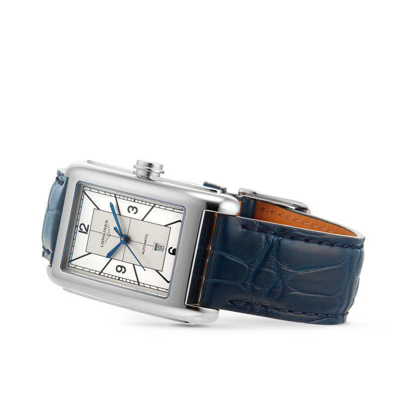 The Longines DolceVita rectangular wristwatch features a stainless steel case, white dial with black numerals, and a blue leather strap, shown on its side against a white background.
