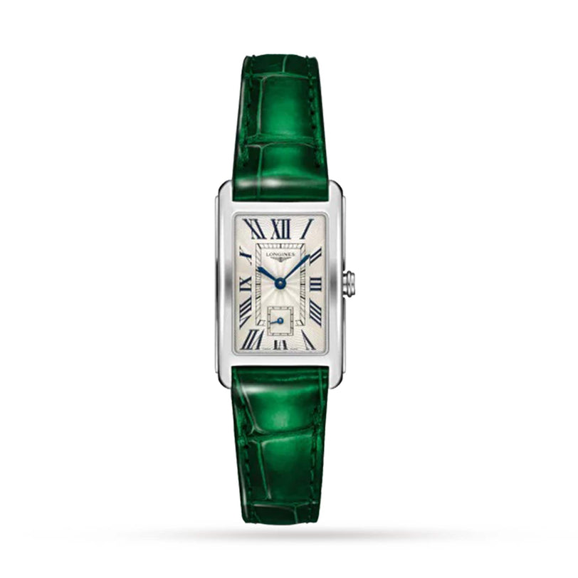 A Longines DolceVita rectangular silver wristwatch with a white face, blue hands, Roman numerals, and a green leather strap is displayed against a plain white background.