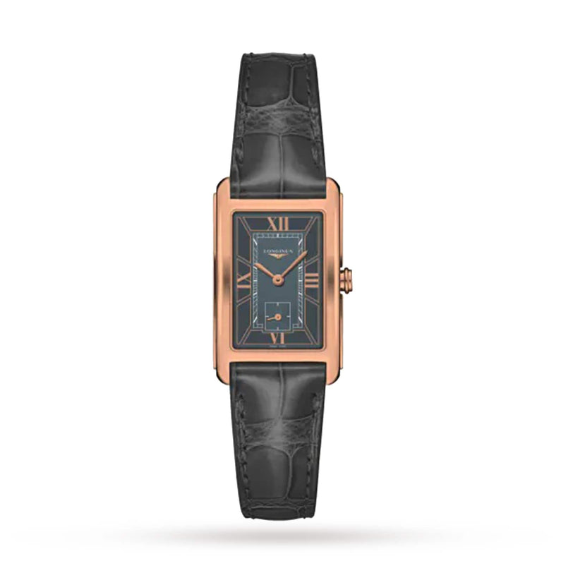 Longines DolceVita rectangular wristwatch featuring a pink gold case, blue dial with Roman numerals, small seconds subdial, and black leather strap.
