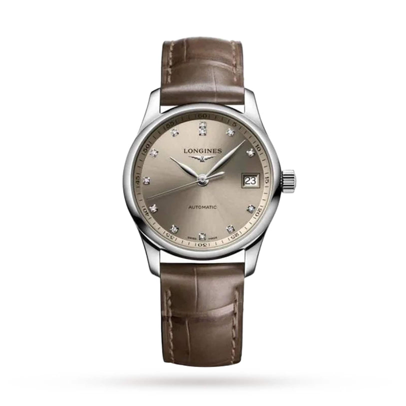 The Longines Master Collection watch features a silver case, taupe leather strap, beige dial with diamond hour markers, date at 3 o’clock, and “Automatic” above 6—a refined luxury timepiece with automatic movement.